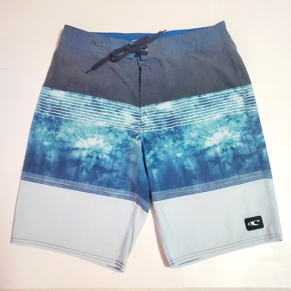 O'NEILL BOARD SHORTS Men's Surf Shorts Size 32 Waist Blue Green with Stripes EUC